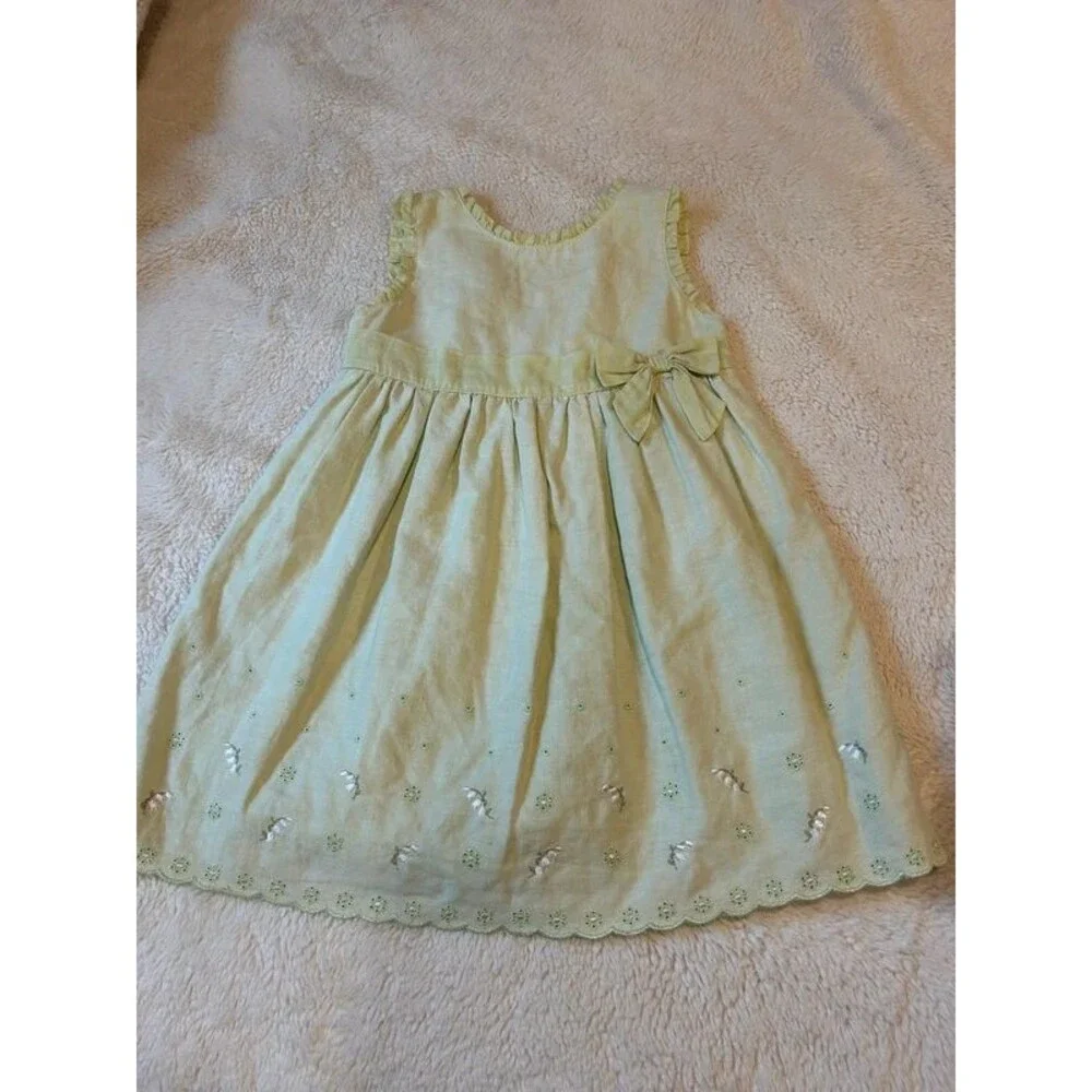 Y2K Vintage Gymboree Girls 18-24M Linen Green Embroidered Cottage Garden Dress